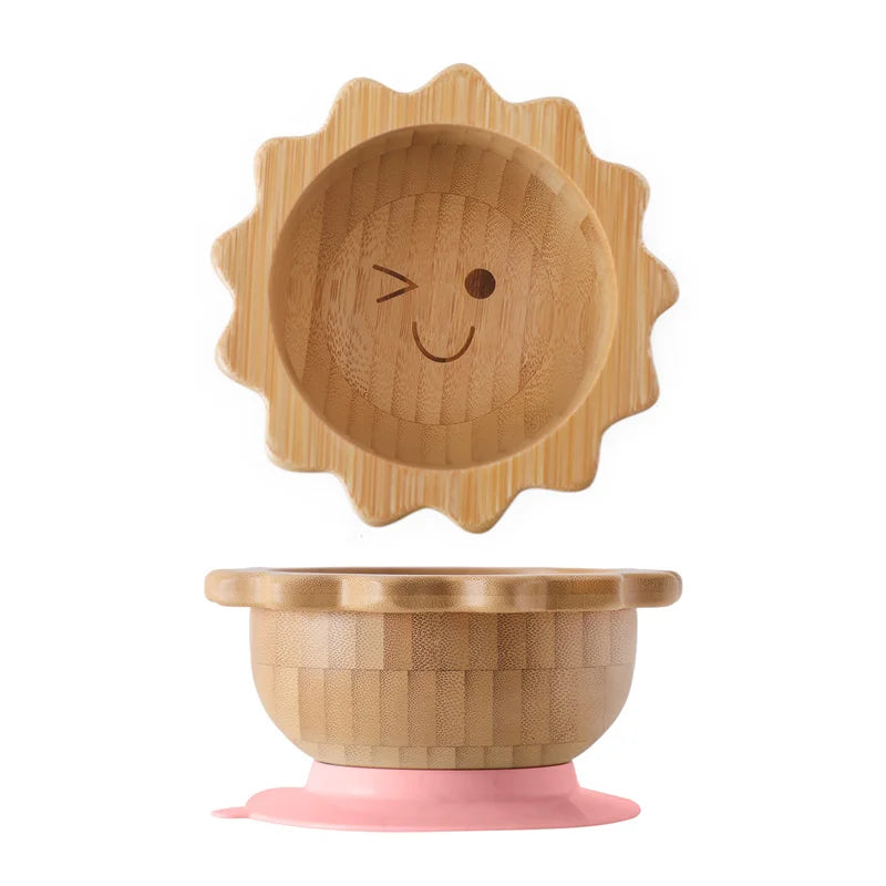 Baby Wooden Tableware Set Could Bamboo Wooden Plate Bowl Silicone Suction Wooden Handle Fork Spoon