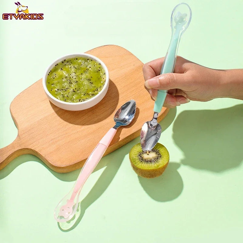 Fruit Scraping Mud Spoon Baby Food Feeding Spoon Two Heads Soft Silicone Easy To Eat Fruit Spoon Baby Feeder Utensils